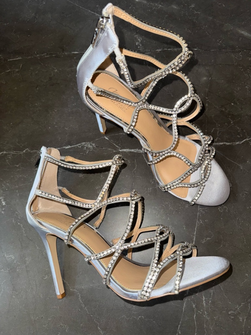 Jewel Badgley Mischka Silver Crystal-Strap Stiletto Sandals